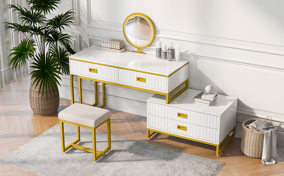 Modern Vanity Table with Movable Side Cabinet, 4 Drawers & Mirror