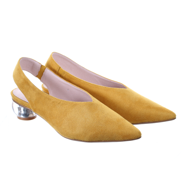 Clear Heel Suede Pointed Toe Pumps (Mustard)