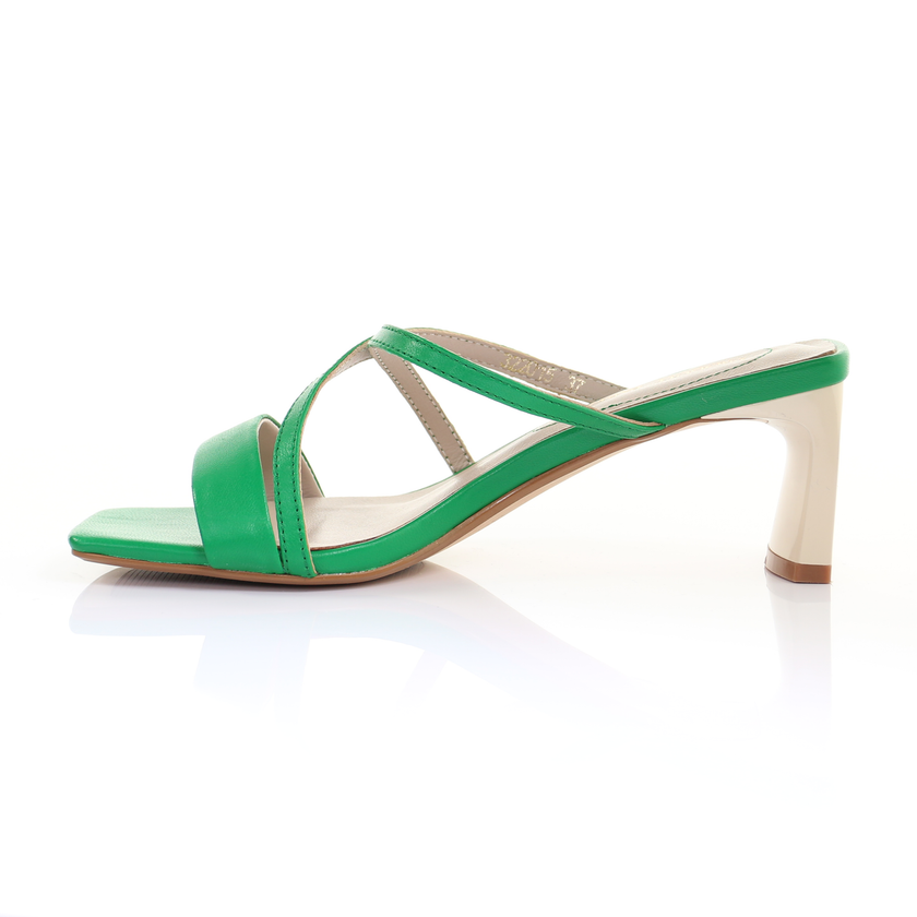 Square Toe Leather Strappy Heeled Sandal- Green