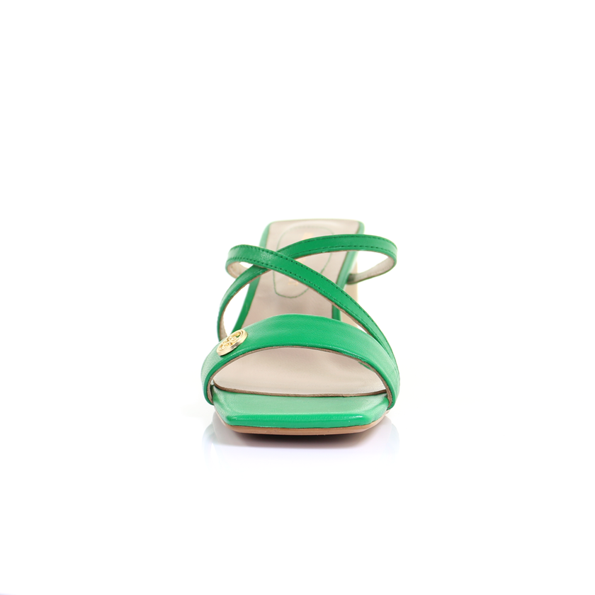 Square Toe Leather Strappy Heeled Sandal- Green