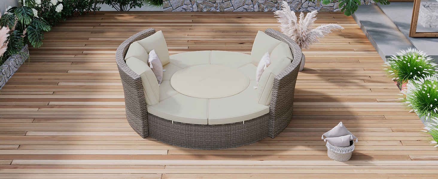 5-Piece Round Rattan Patio Sofa Set with Liftable Table & Washable Cushions