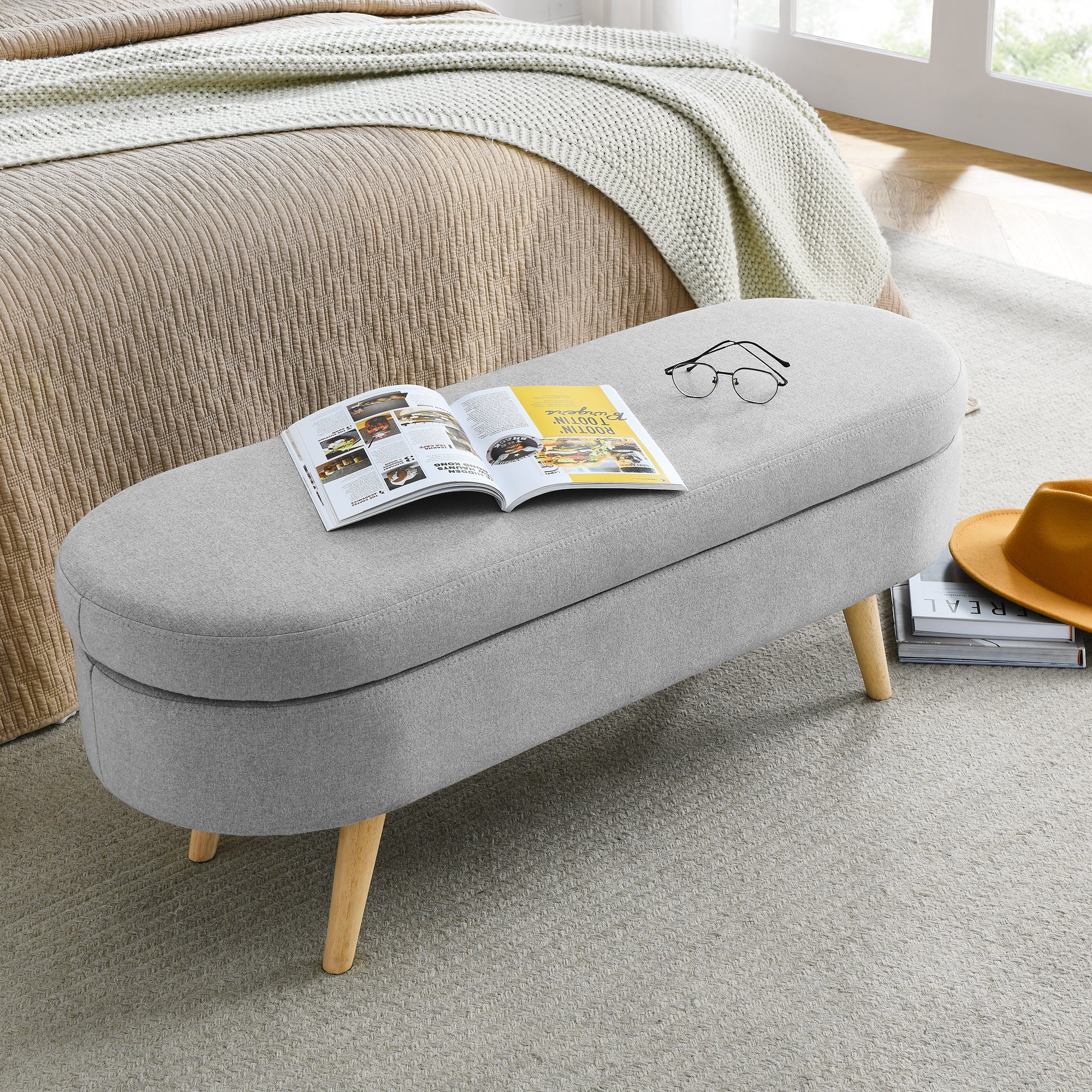 Grey Ottoman Oval Storage Bench, 43.5