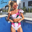 Ensemble bikini à volants taille haute - Maillot de bain floral à une épaule