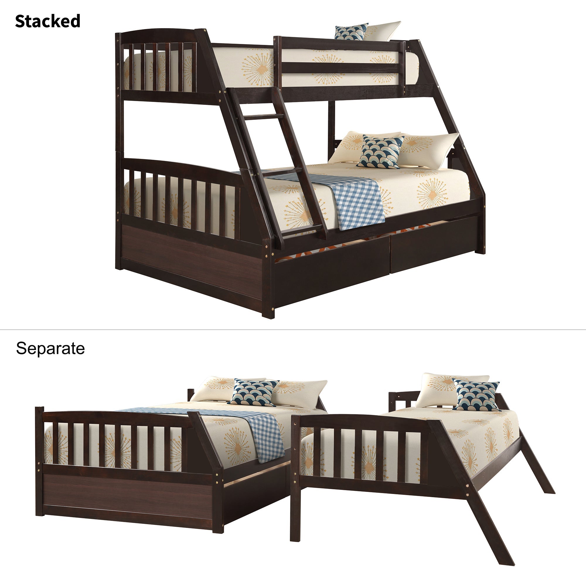 Espresso Solid Wood Twin Over Full Bunk Bed with 2 Storage Drawers