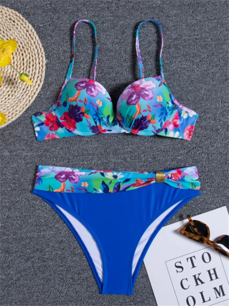 Ensemble bikini imprimé floral - Maillot de bain brésilien push-up pour femme