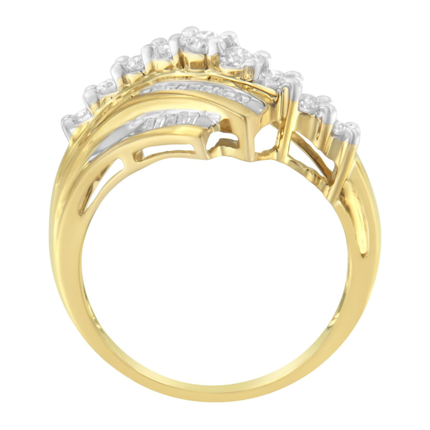 10K Yellow Gold Round and Baguette Diamond-Cut Ring