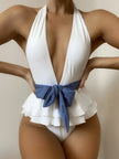 Sleek Ruffle Monokini: White & Black Deep V Push-Up Backless Swimsuit