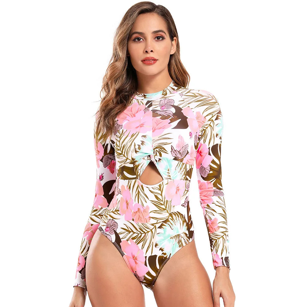 Maillot de Bain Floral Rash Guard à Manches Longues et Monokini Grande Taille