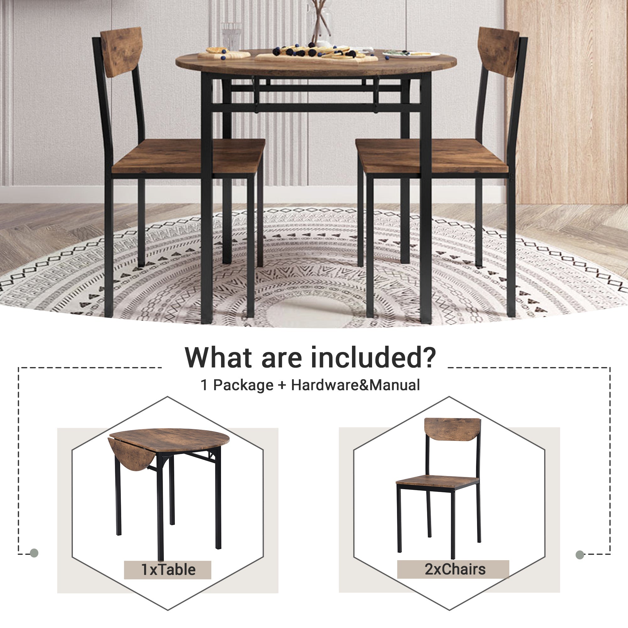 3-Piece Round Dining Set with Drop Leaf, Black Frame & Rustic Brown