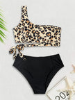 Ensemble bikini taille haute léopard à une épaule - Maillot de bain 2 pièces push-up pour femme