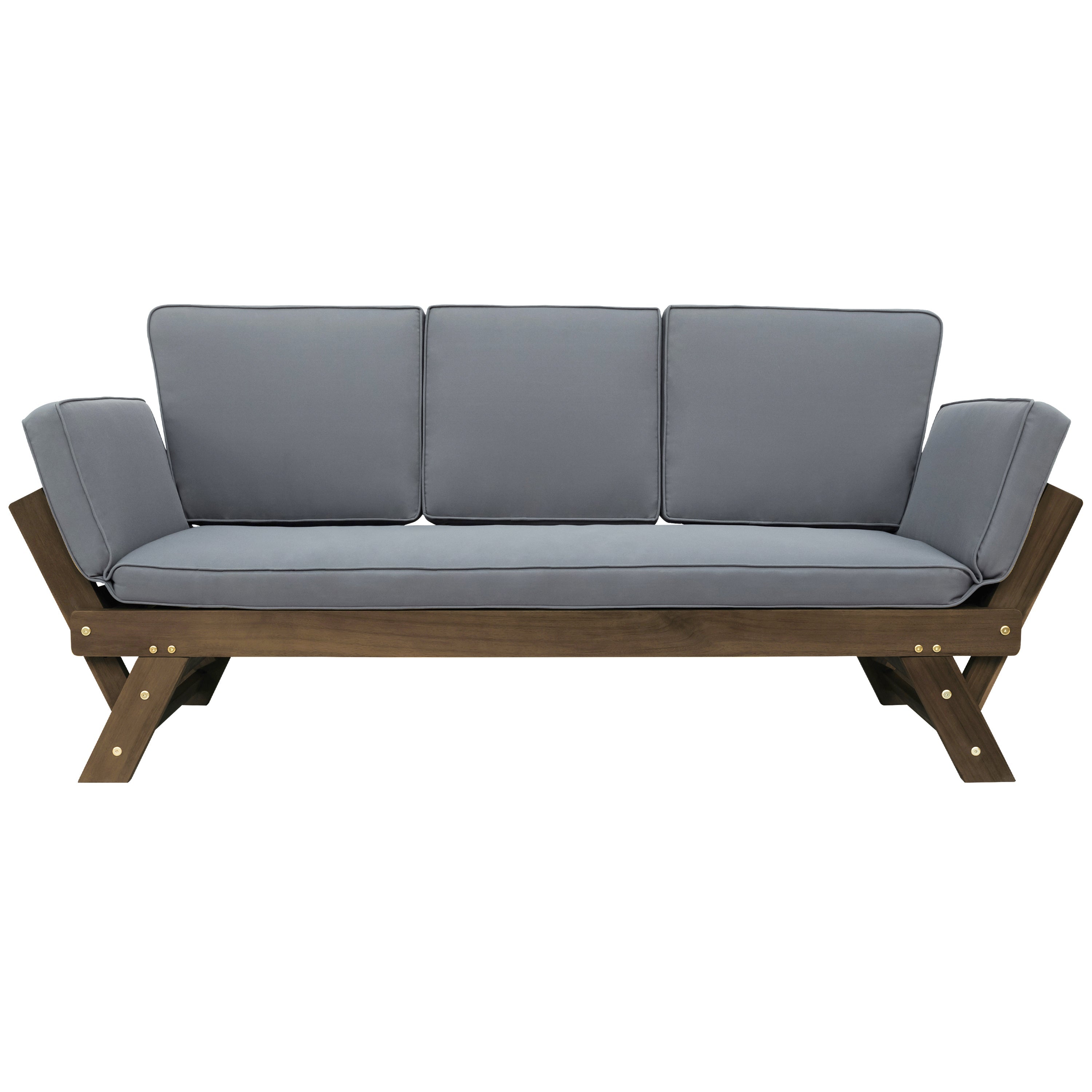 Adjustable Wooden Patio Daybed Sofa with Cushions, Brown + Gray Finish