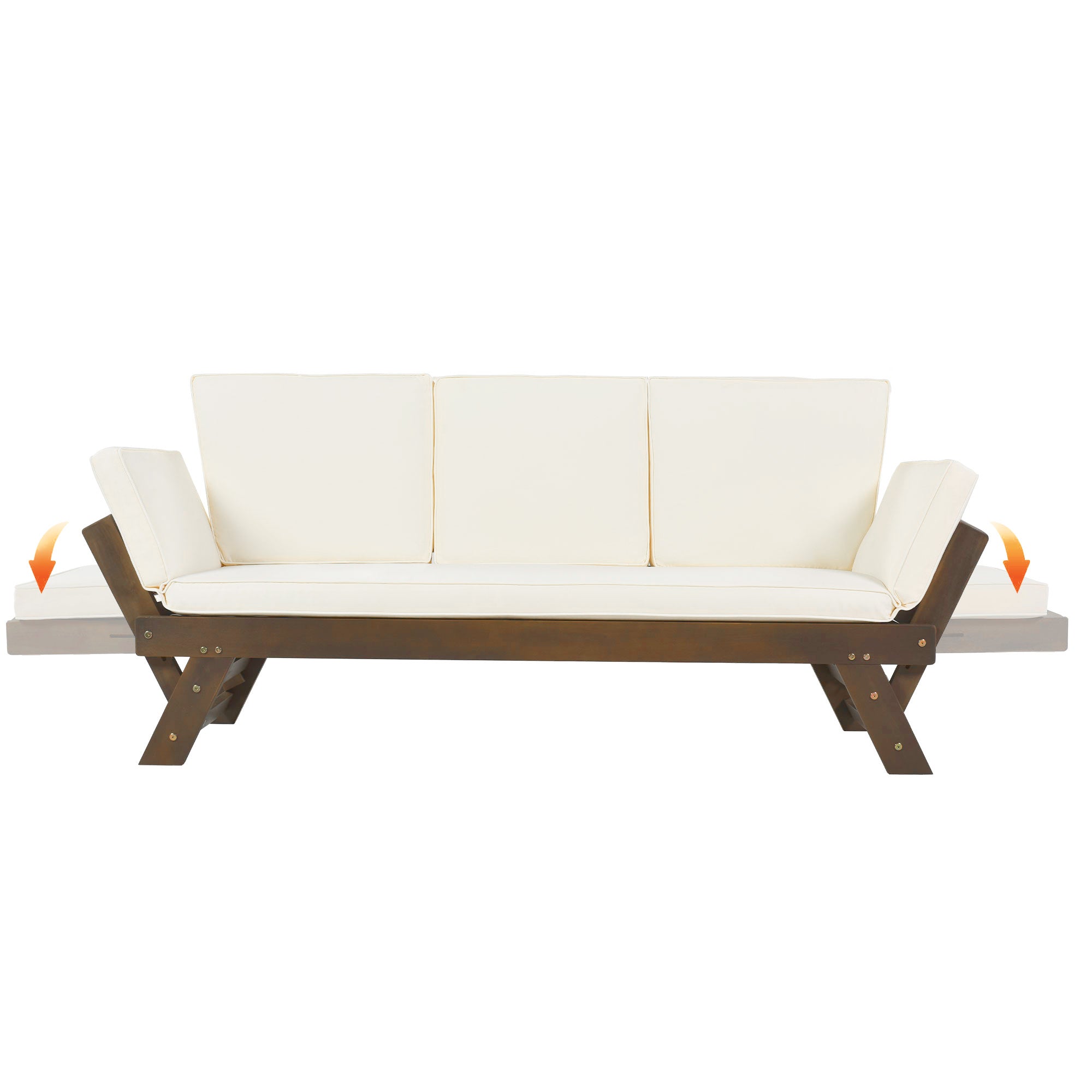 Adjustable Outdoor Wooden Daybed Sofa with Cushions, Brown & Beige