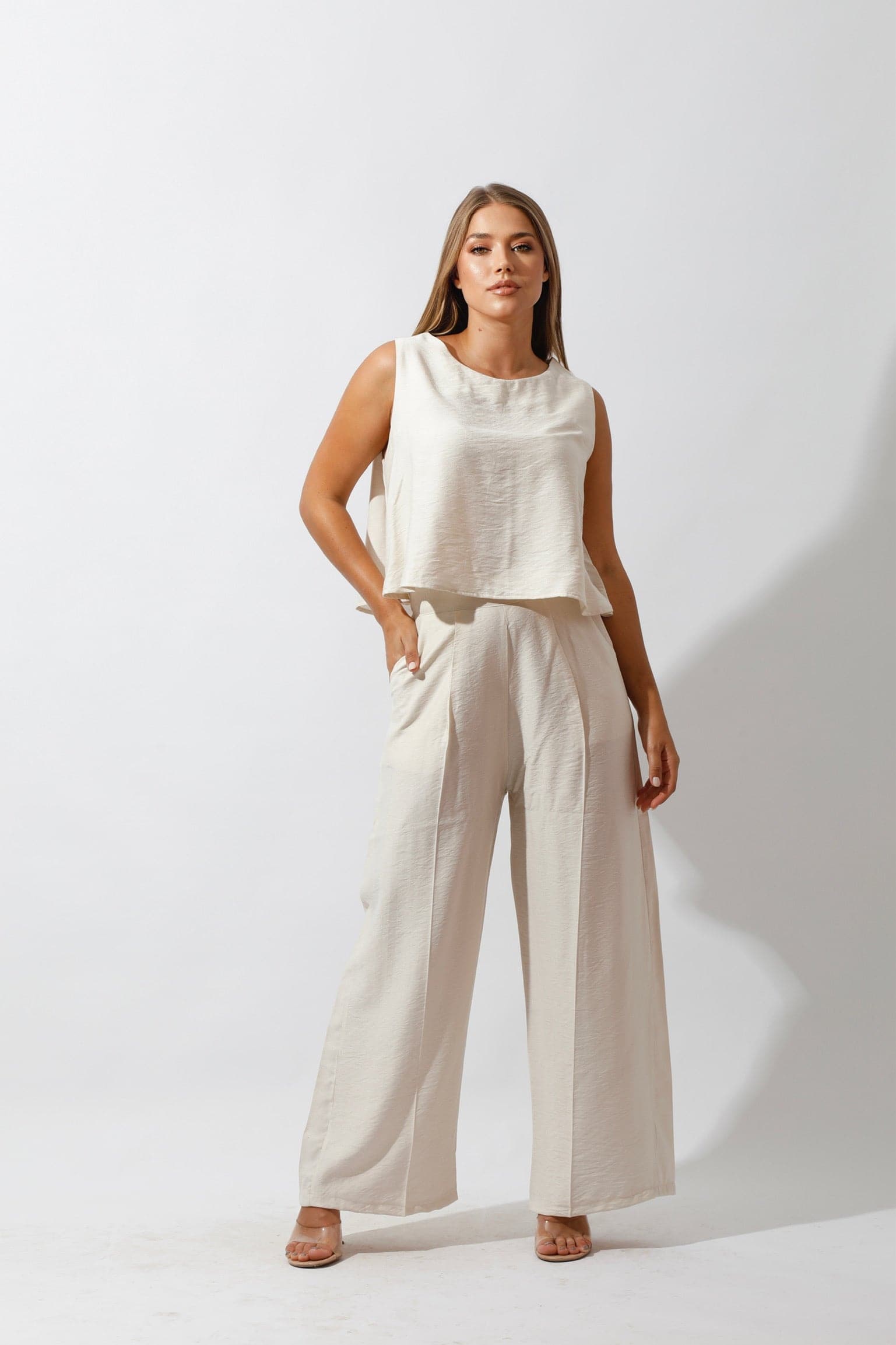 Sleeveless Tank Top & Wide Leg Pants Lounge Set - Off White