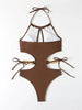 Allure Cut-Out Brown High Neck Bikini with Metal Ring Chain Backless Thong