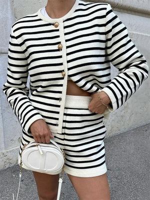 Zebra Print Knit 2-Piece Set: Stylish Cardigan & High Waist Shorts