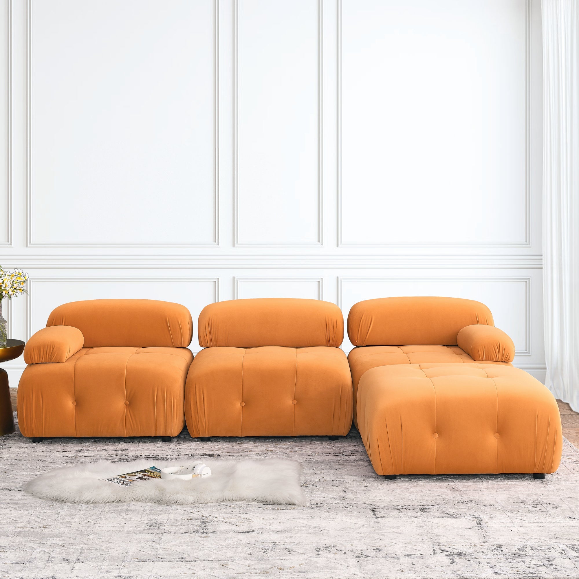 Modular L-Shaped Sofa, Orange Velvet, Tufted Design & Reversible Ottoman