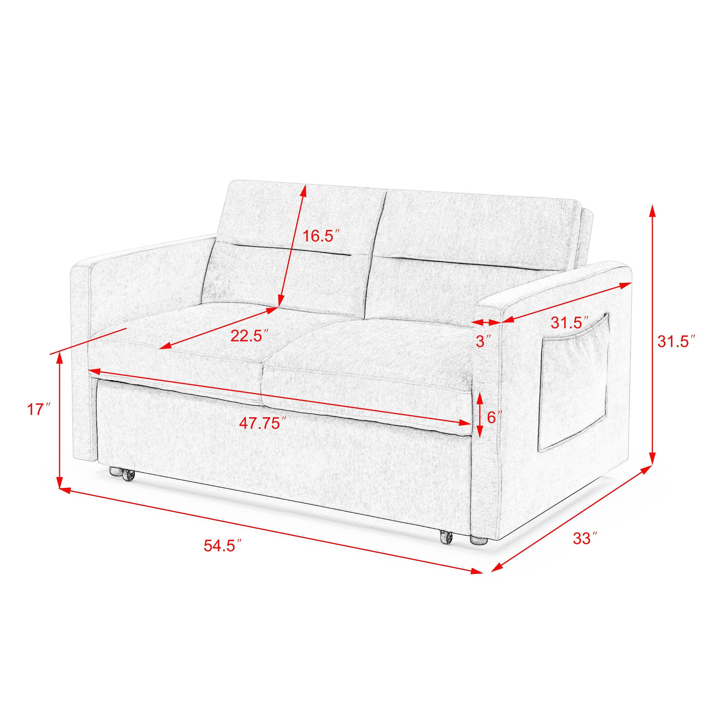 Black Loveseat Sofa Bed with Pull-Out Bed, Adjustable Back & Arm Pockets