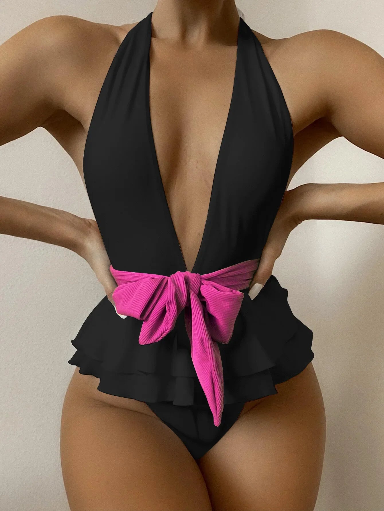 Sleek Ruffle Monokini: White & Black Deep V Push-Up Backless Swimsuit