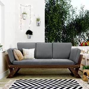 Adjustable Wooden Patio Daybed Sofa with Cushions, Brown + Gray Finish