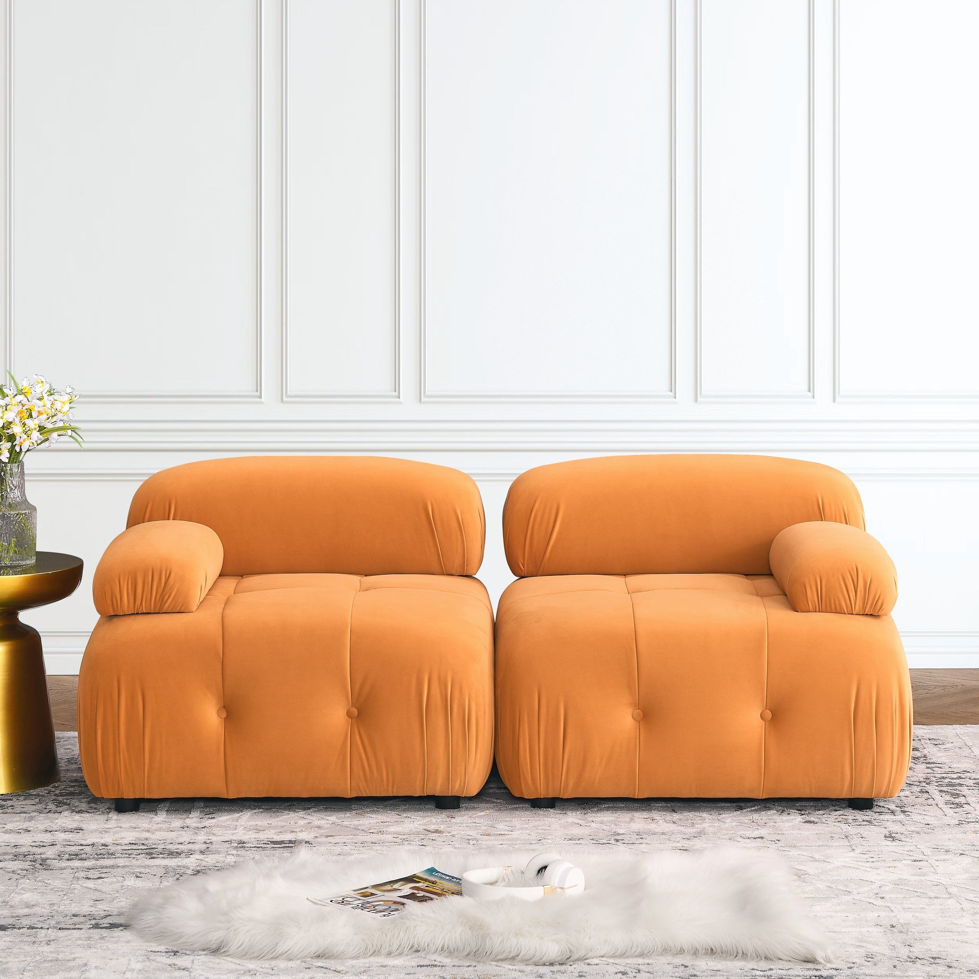 Modular L-Shaped Sofa, Orange Velvet, Tufted Design & Reversible Ottoman