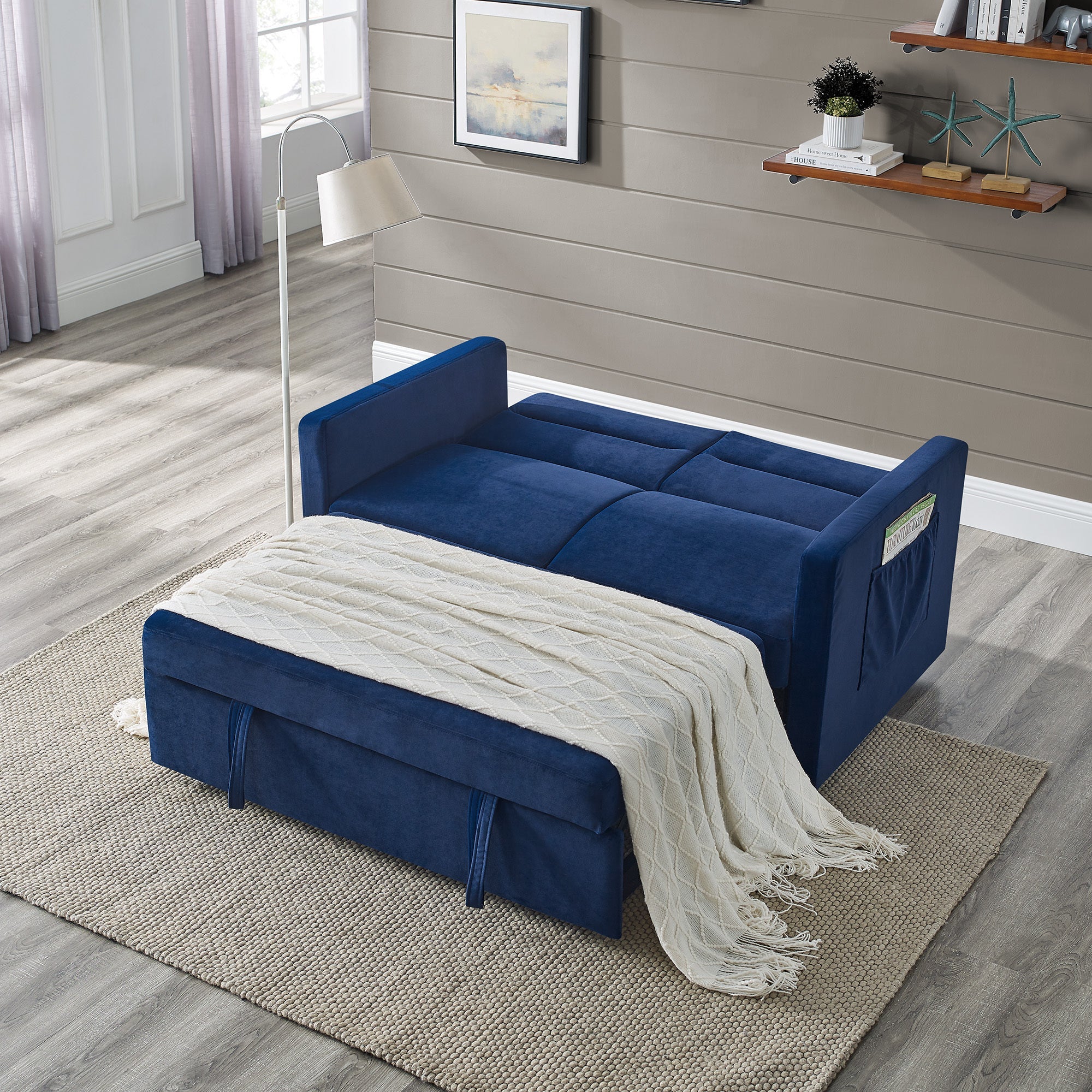 Blue Loveseat Sofa Bed with Pull-Out, Adjustable Back & Arm Pockets