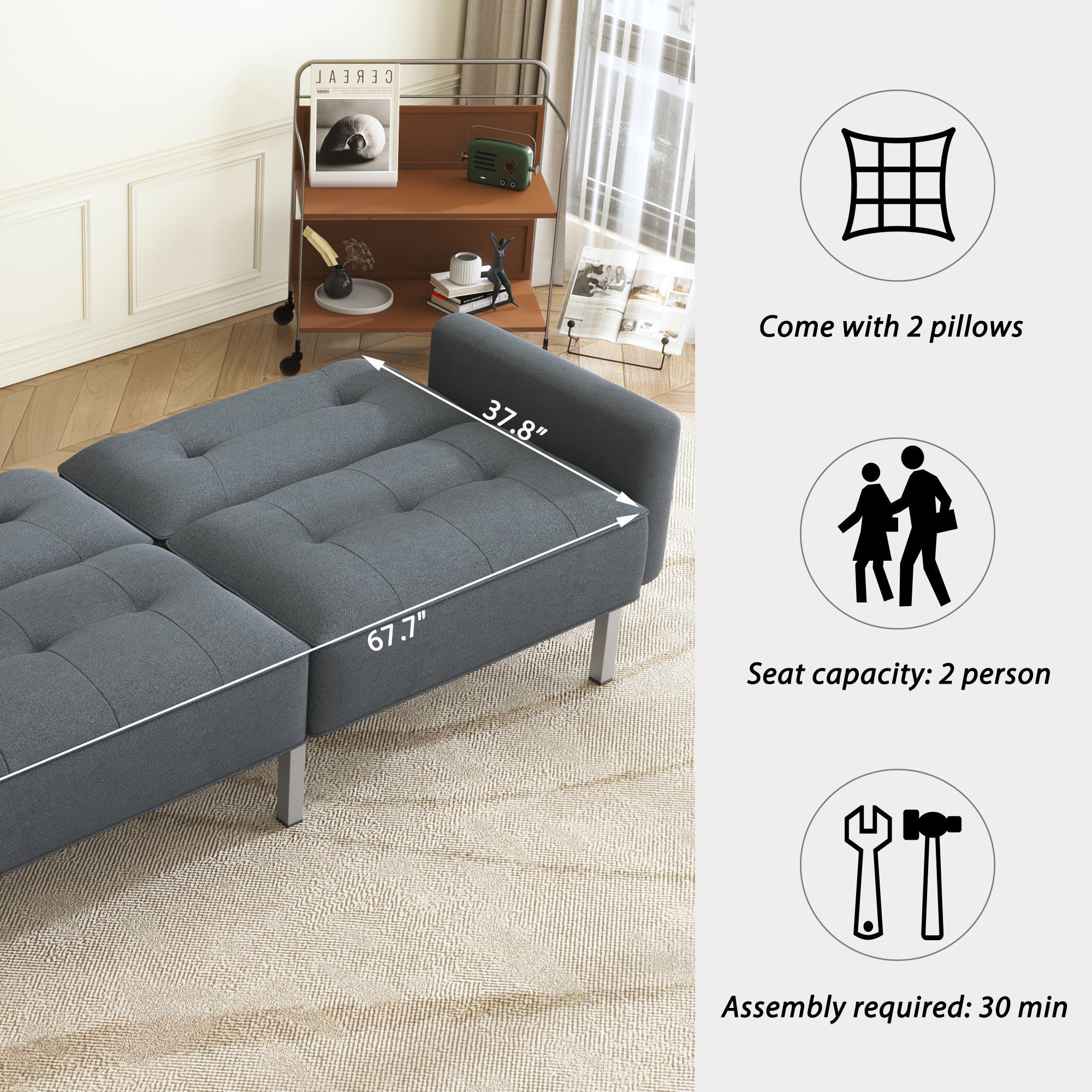 Modern Linen Convertible Futon Sofa Bed for Small Spaces & Apartments