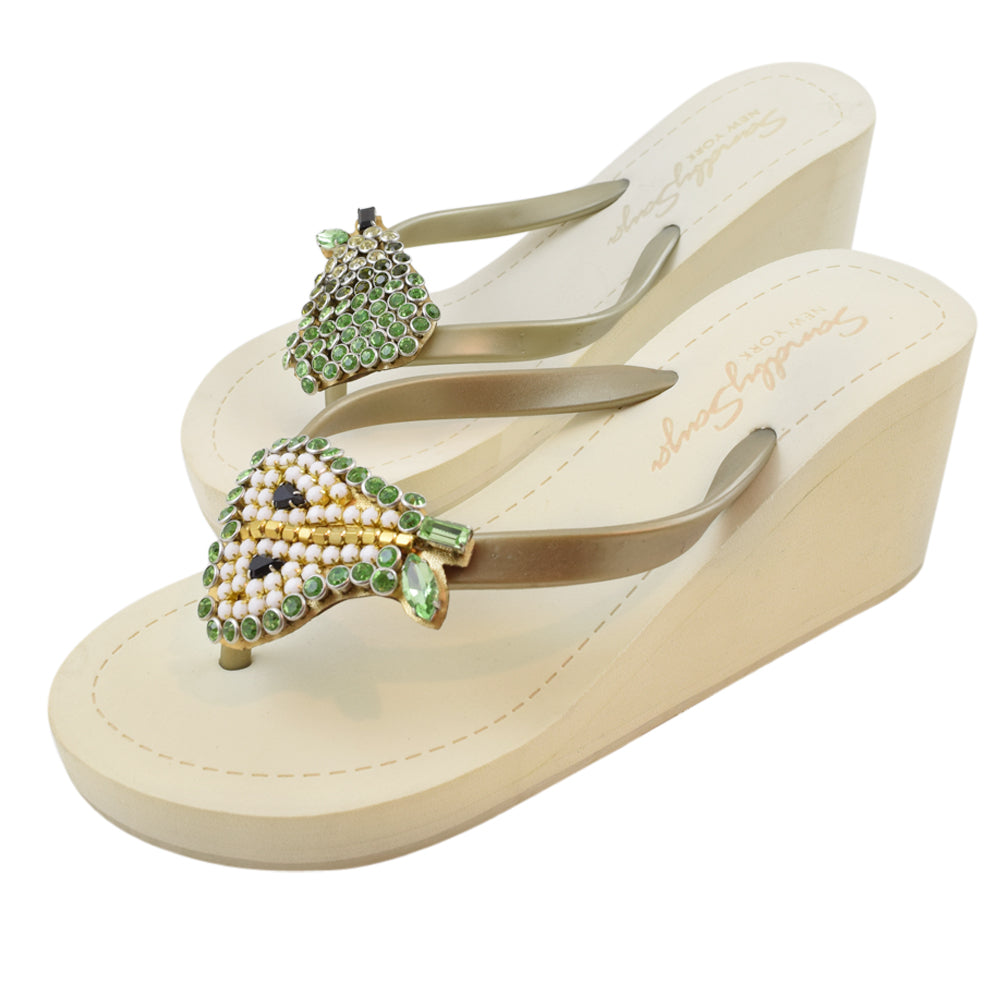 Pear - Green Rhine Stone Embellished Women's High Wedge Heel Flip Flops Sandal