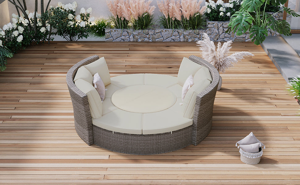 5-Piece Round Rattan Patio Sofa Set with Liftable Table & Washable Cushions