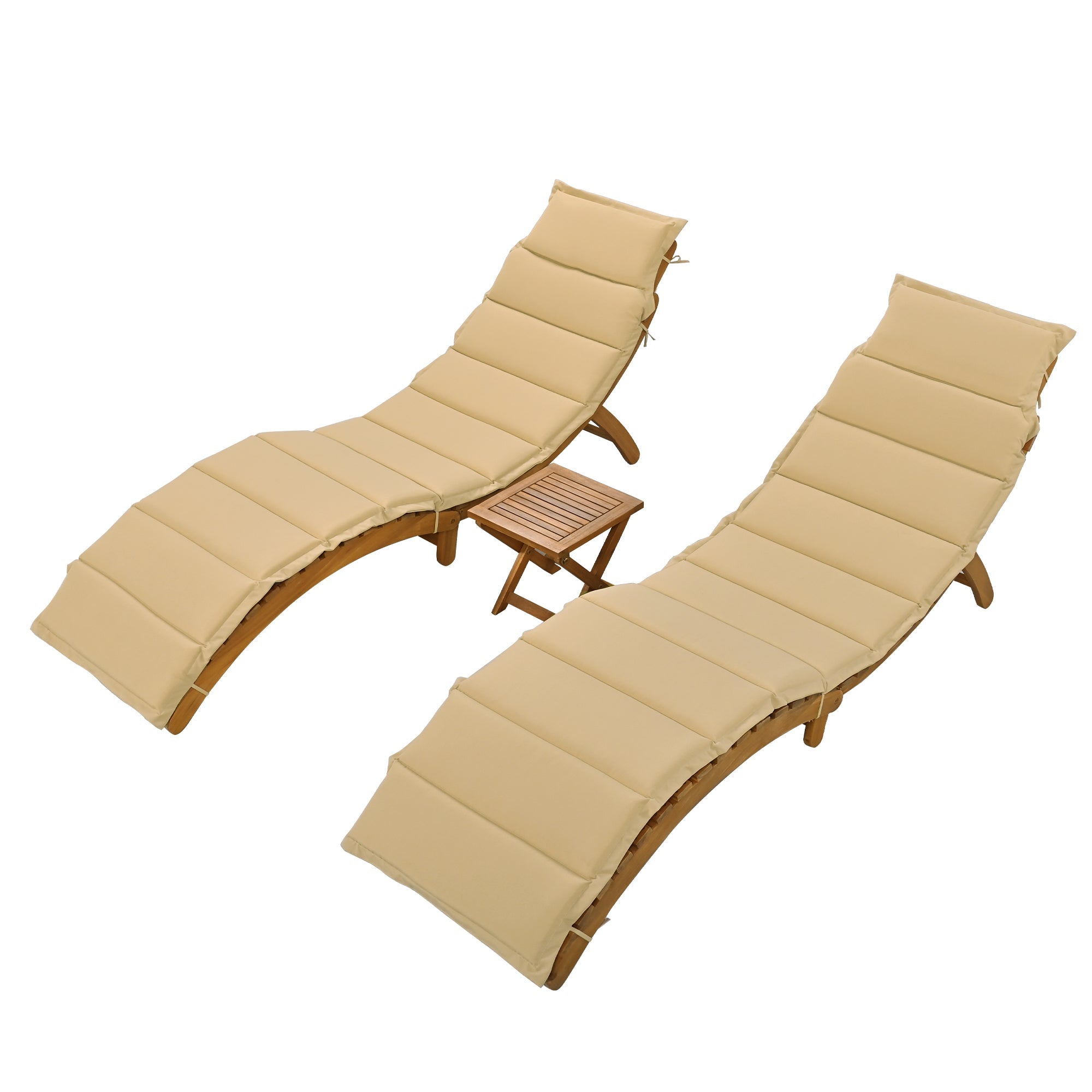 Portable Wood Chaise Lounge Set with Foldable Table, Brown - Patio/Pool/Garden