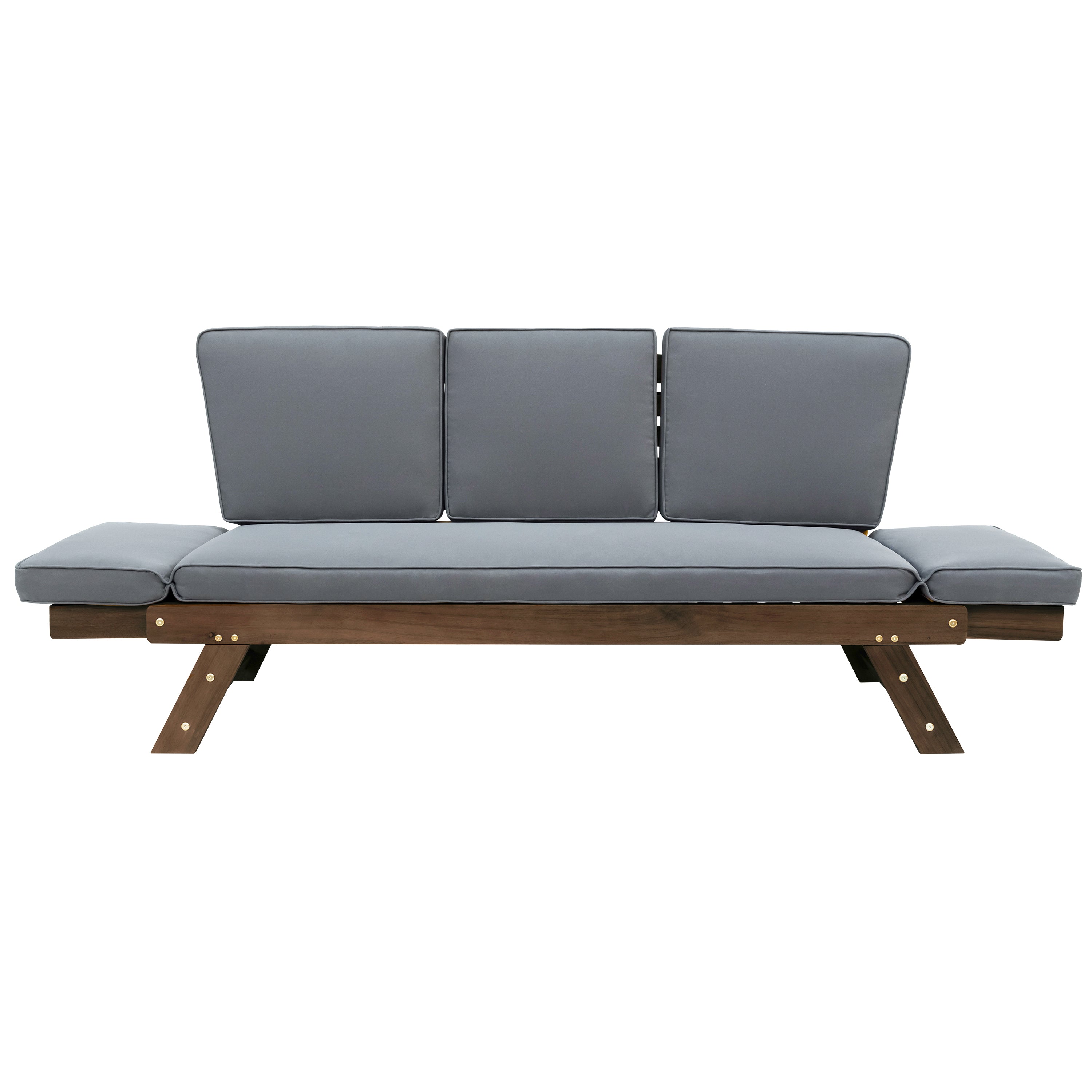 Adjustable Wooden Patio Daybed Sofa with Cushions, Brown + Gray Finish