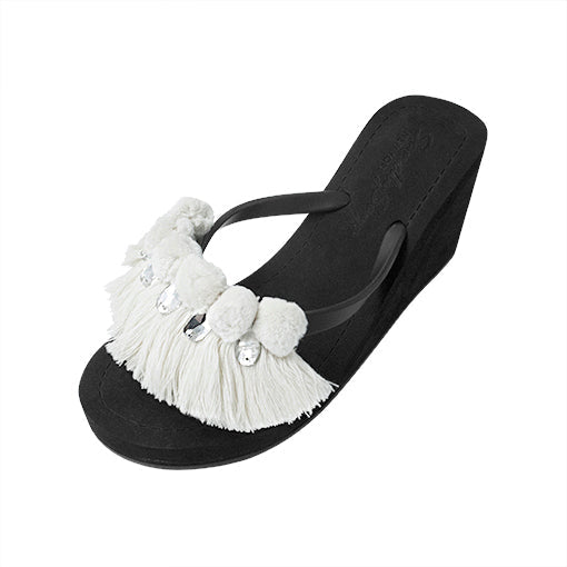 White Pom Pom Fringe - Women's High Wedge