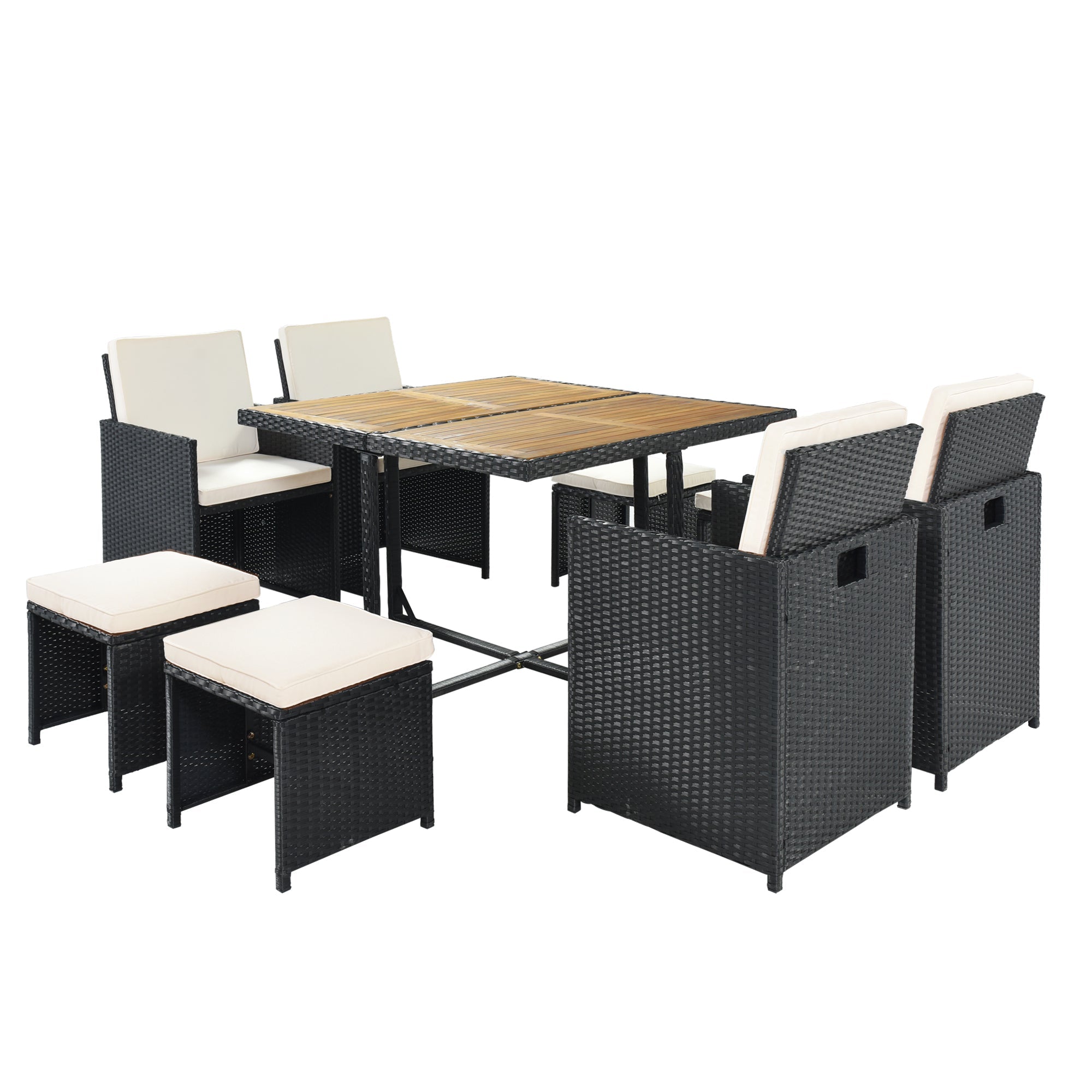 All-Weather 9-Piece Patio Dining Set, Wood Top, Black Wicker & Beige Cushions