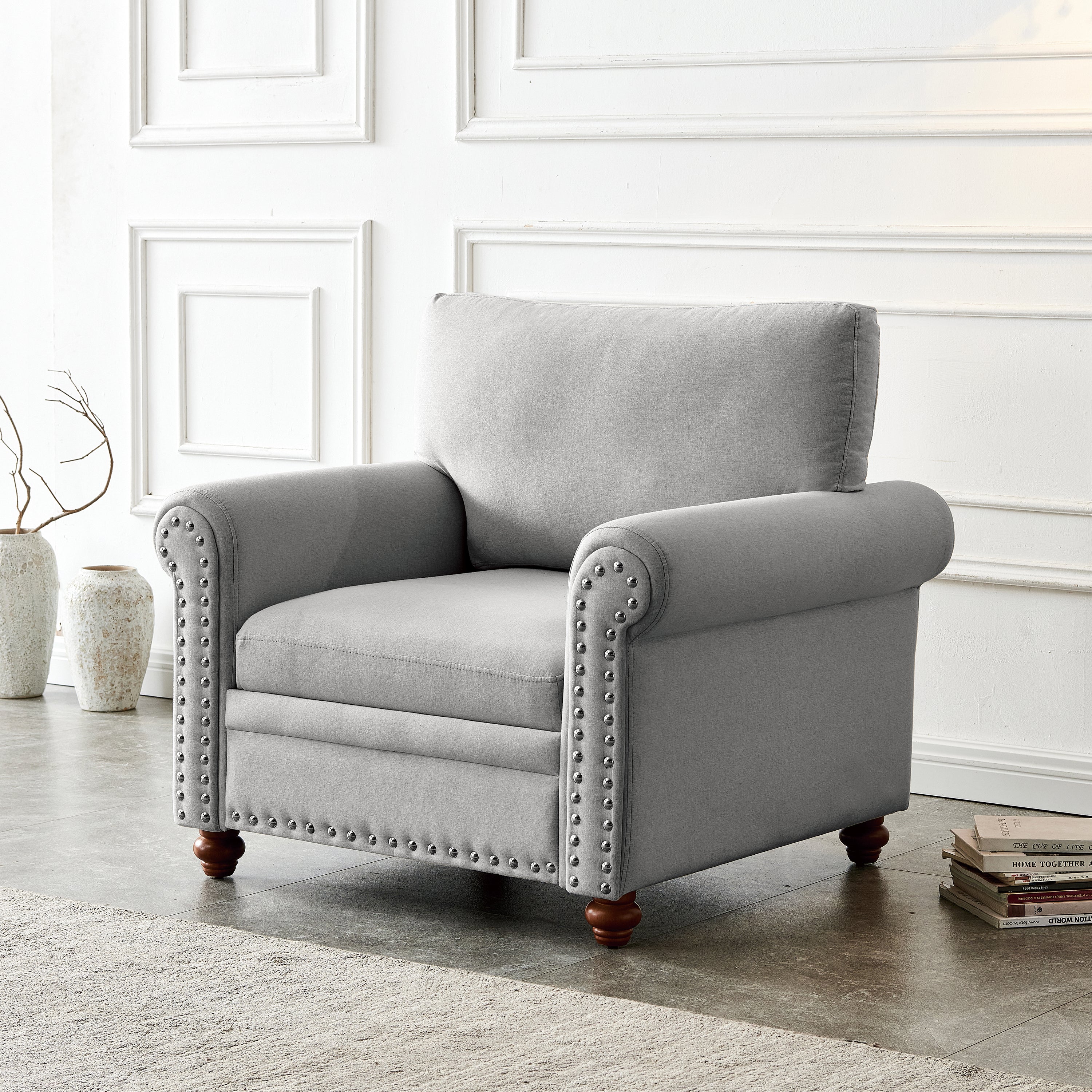 Grey Fabric Living Room Sofa Chair with Wood Legs, Single Seat