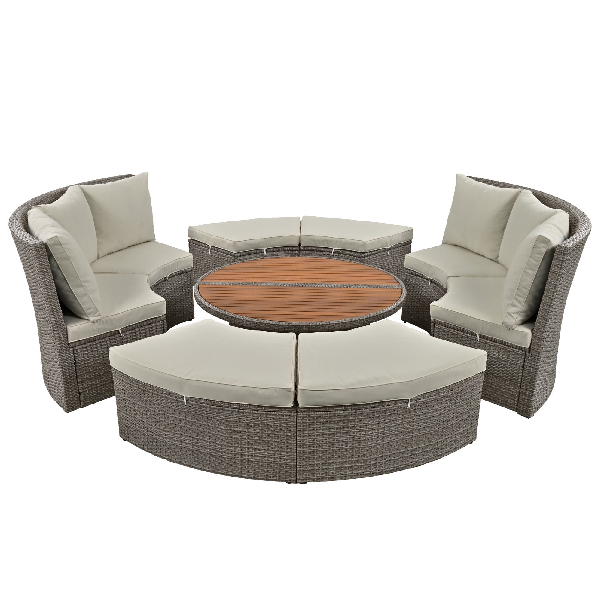 5-Piece Round Rattan Patio Sofa Set with Liftable Table & Washable Cushions