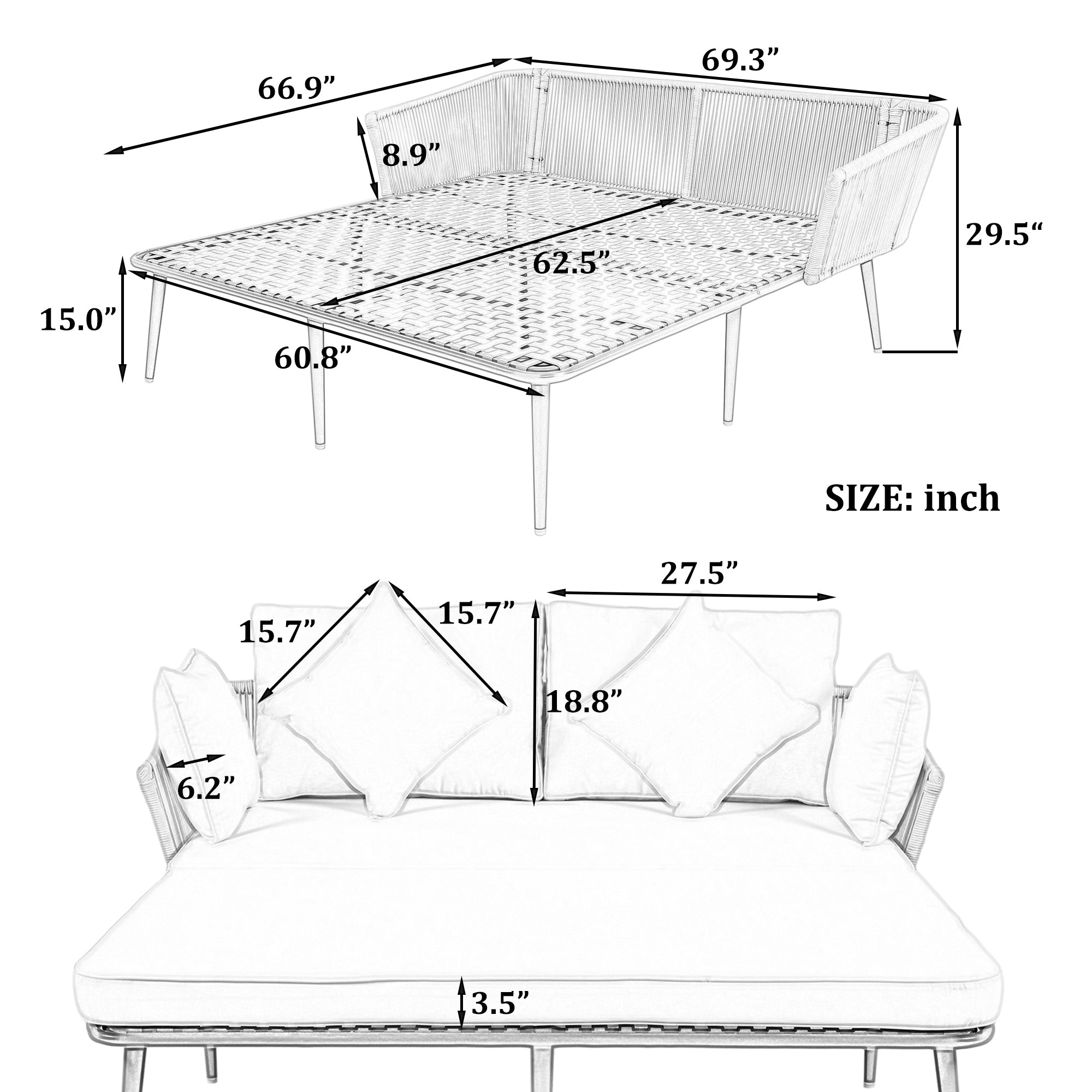 Outdoor Patio Daybed for 2, Woven Rope Backrest & Washable Cushions, Beige