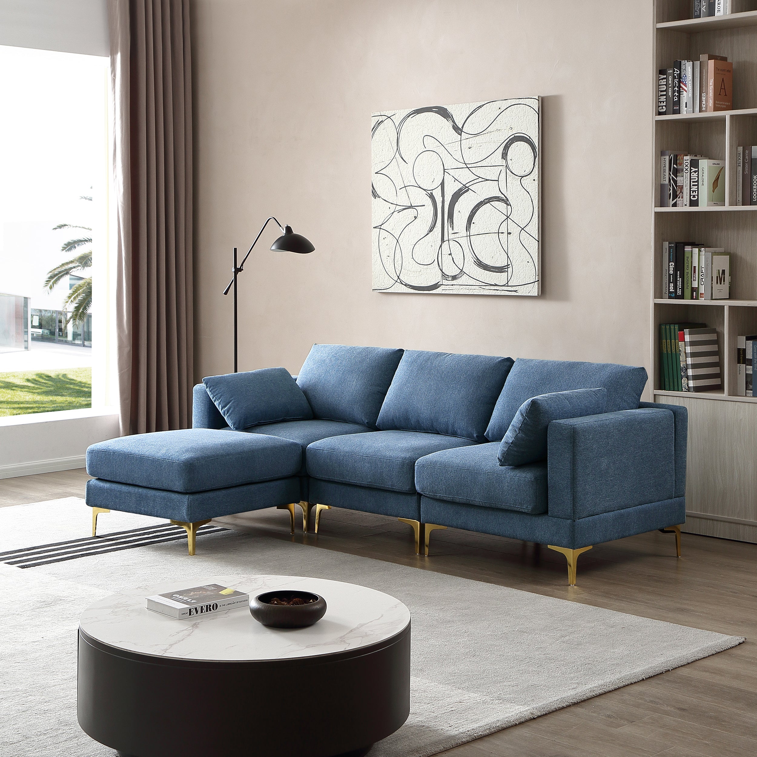 Modern Blue Fabric L-Shaped Leisure Couch for Living Room