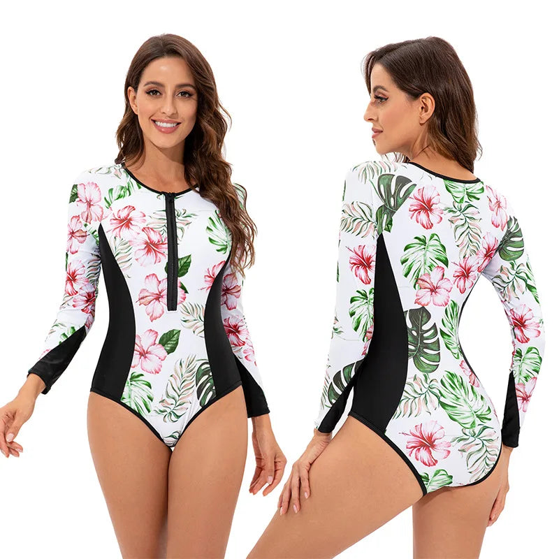 Maillot de Bain Floral Rash Guard à Manches Longues et Monokini Grande Taille