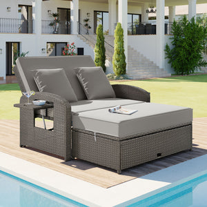 PE Wicker Rattan Double Chaise Lounge, Adjustable Reclining Daybed