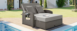 PE Wicker Rattan Double Chaise Lounge, Adjustable Reclining Daybed