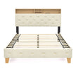 Queen Bed Frame with Upholstered Headboard, USB Ports, Wood Legs