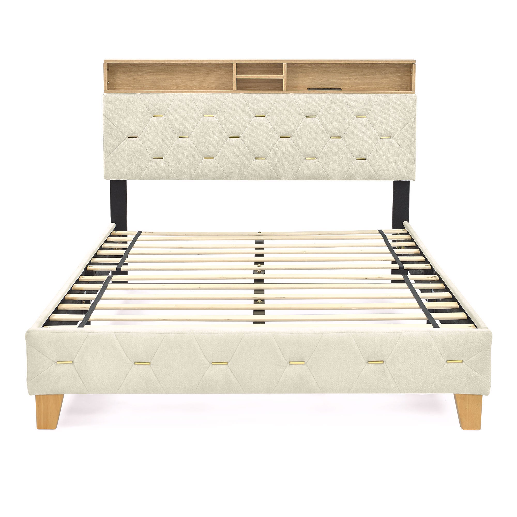 Queen Bed Frame with Upholstered Headboard, USB Ports, Wood Legs