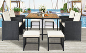 All-Weather 9-Piece Patio Dining Set, Wood Top, Black Wicker & Beige Cushions