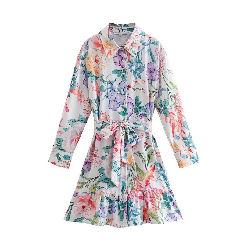 Women Fashion Floral Print Mini Dress Vintage Long Sleeve With Sashes Female Elegant Dresses