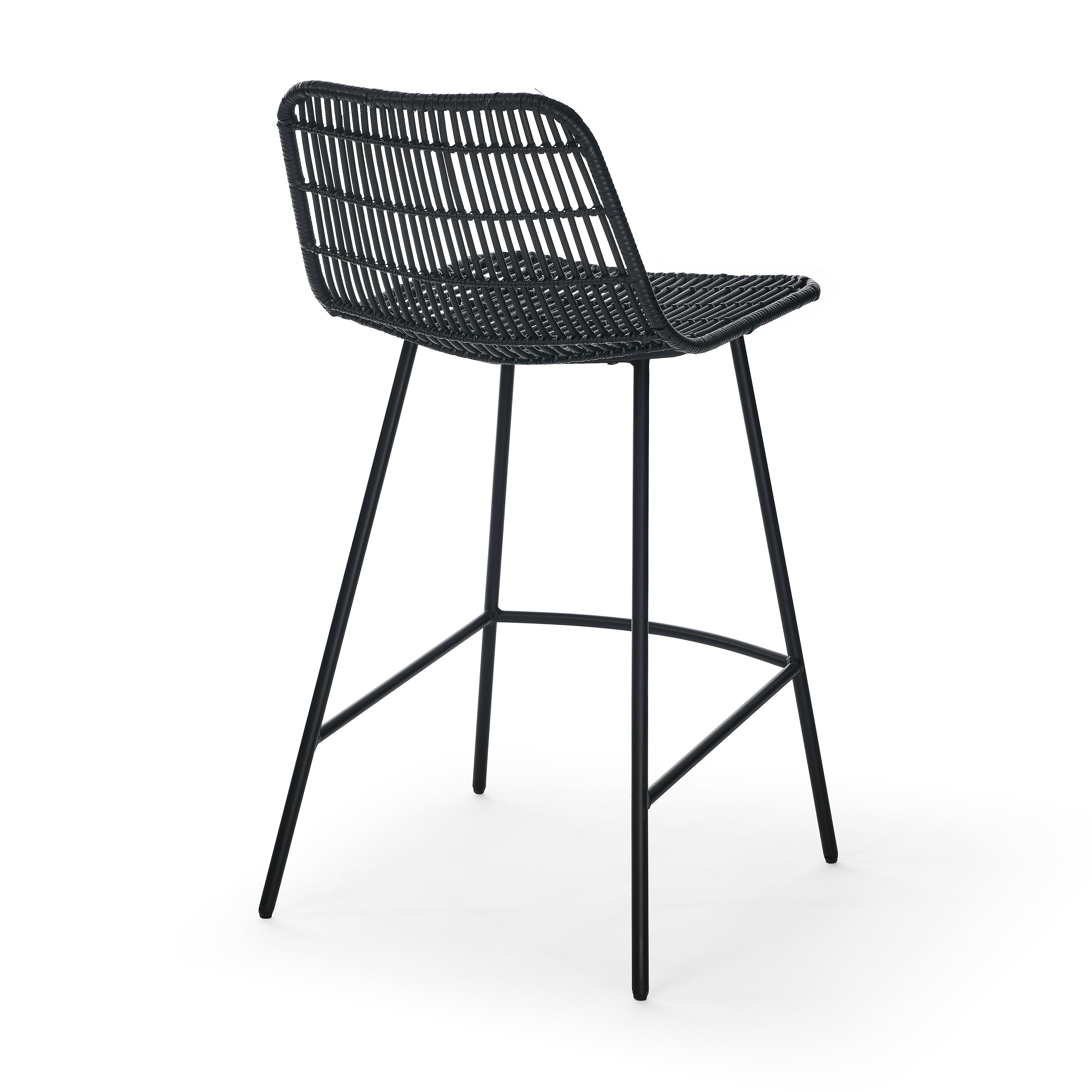 Set of 2 Natural Rattan Counter Chairs, Black Steel Legs