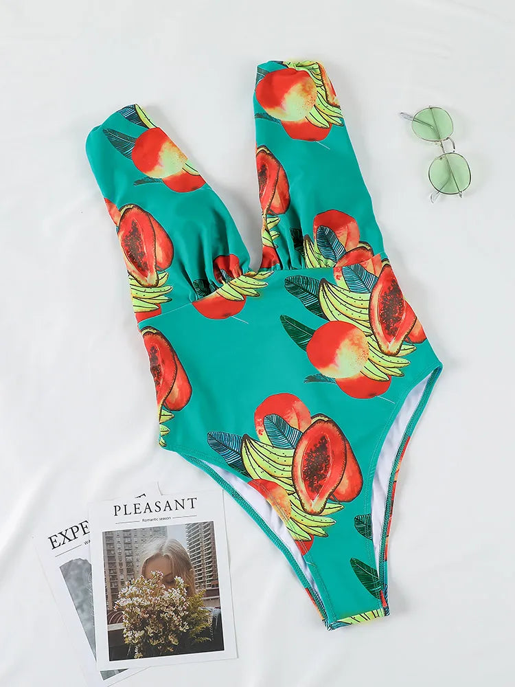 Tropical Printed Push-Up Monokini - Vintage Beachwear