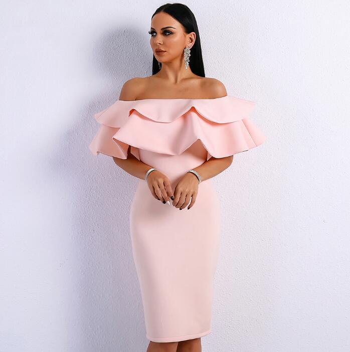 Women Sexy Off Shoulder Slash Neck Ruffles Backless Dresses Female Split Elegant Solid Color Dress