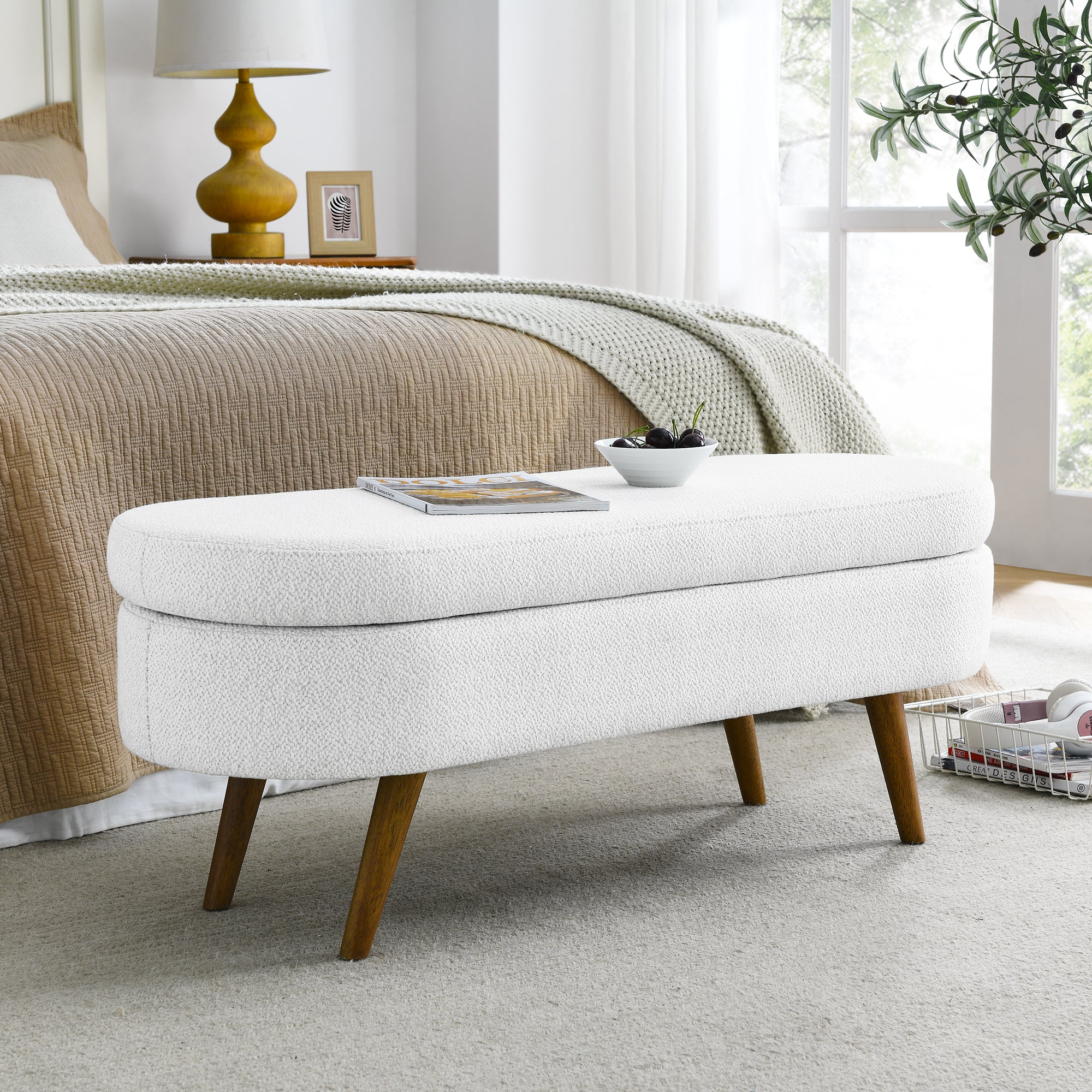 White Ottoman Storage Bench with Rubber Wood Legs (43.5