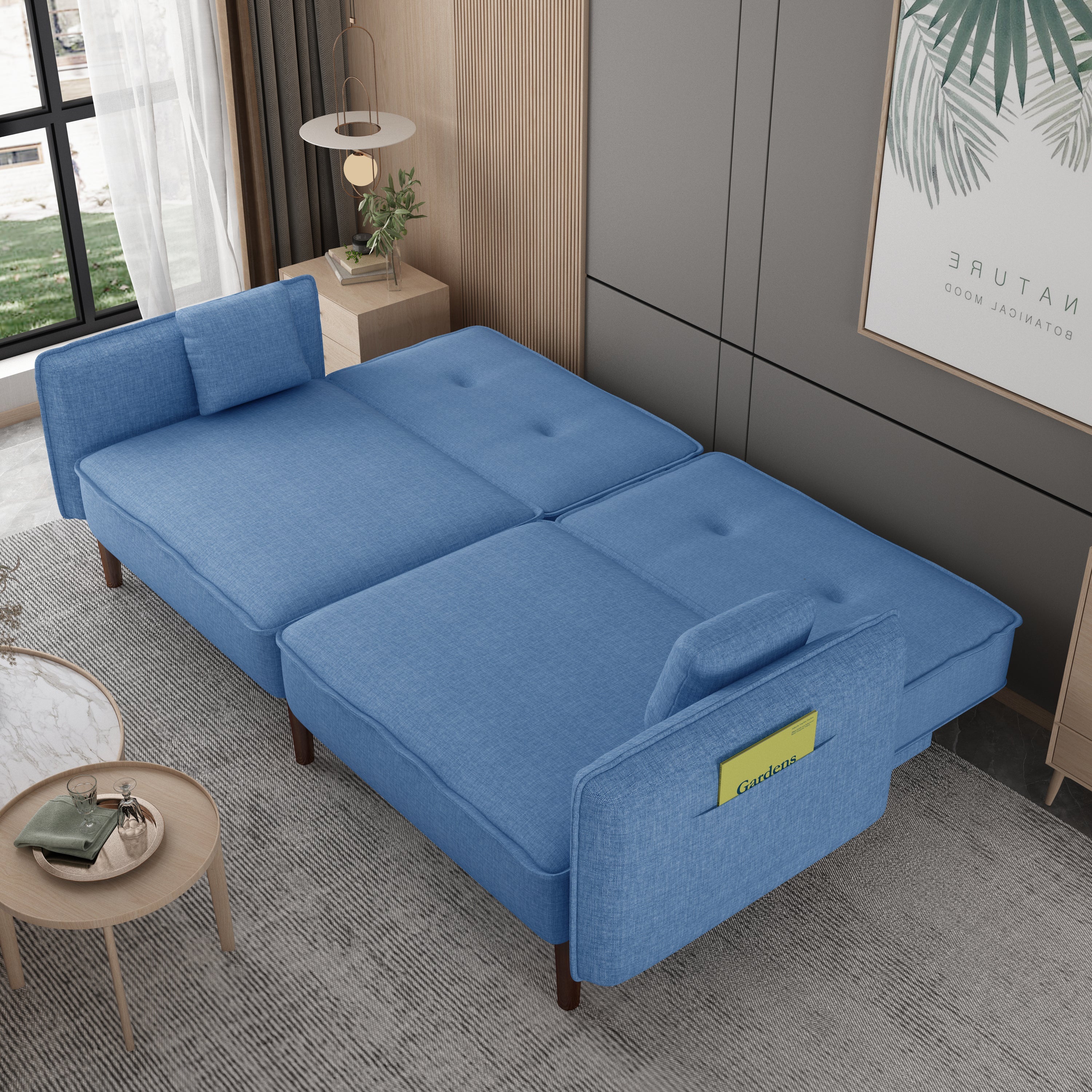 Blue Fabric Futon Sofa Bed with Solid Wood Legs for Living & Bedroom