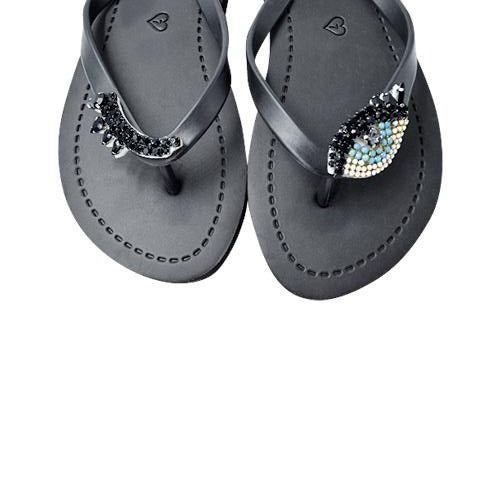 Eyes - Black and Blue Rhine Stone Embellished Women's Flat Flip Flops