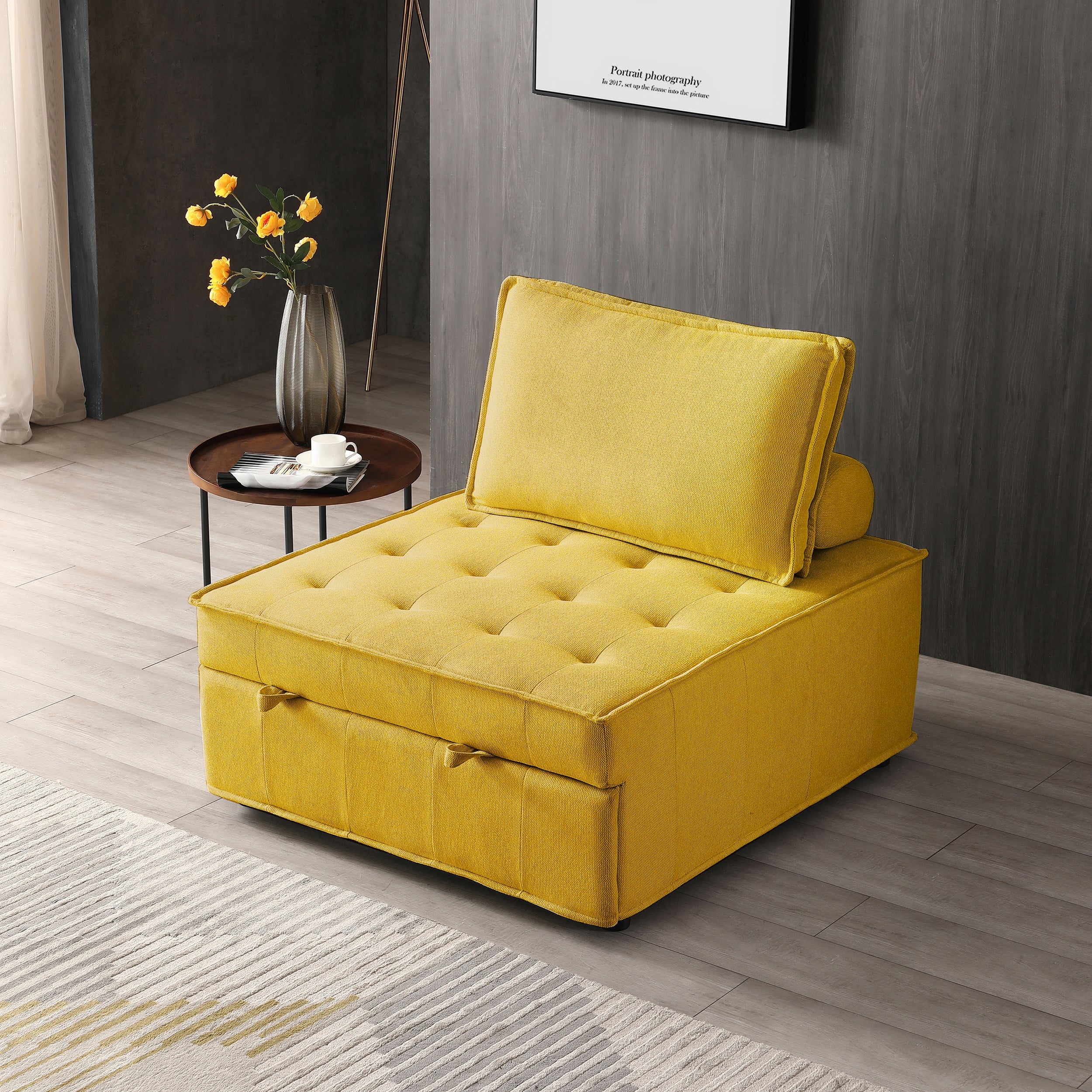 Yellow Linen Ottoman Sofa Bed with Pull-Out Lazy Sofa Feature